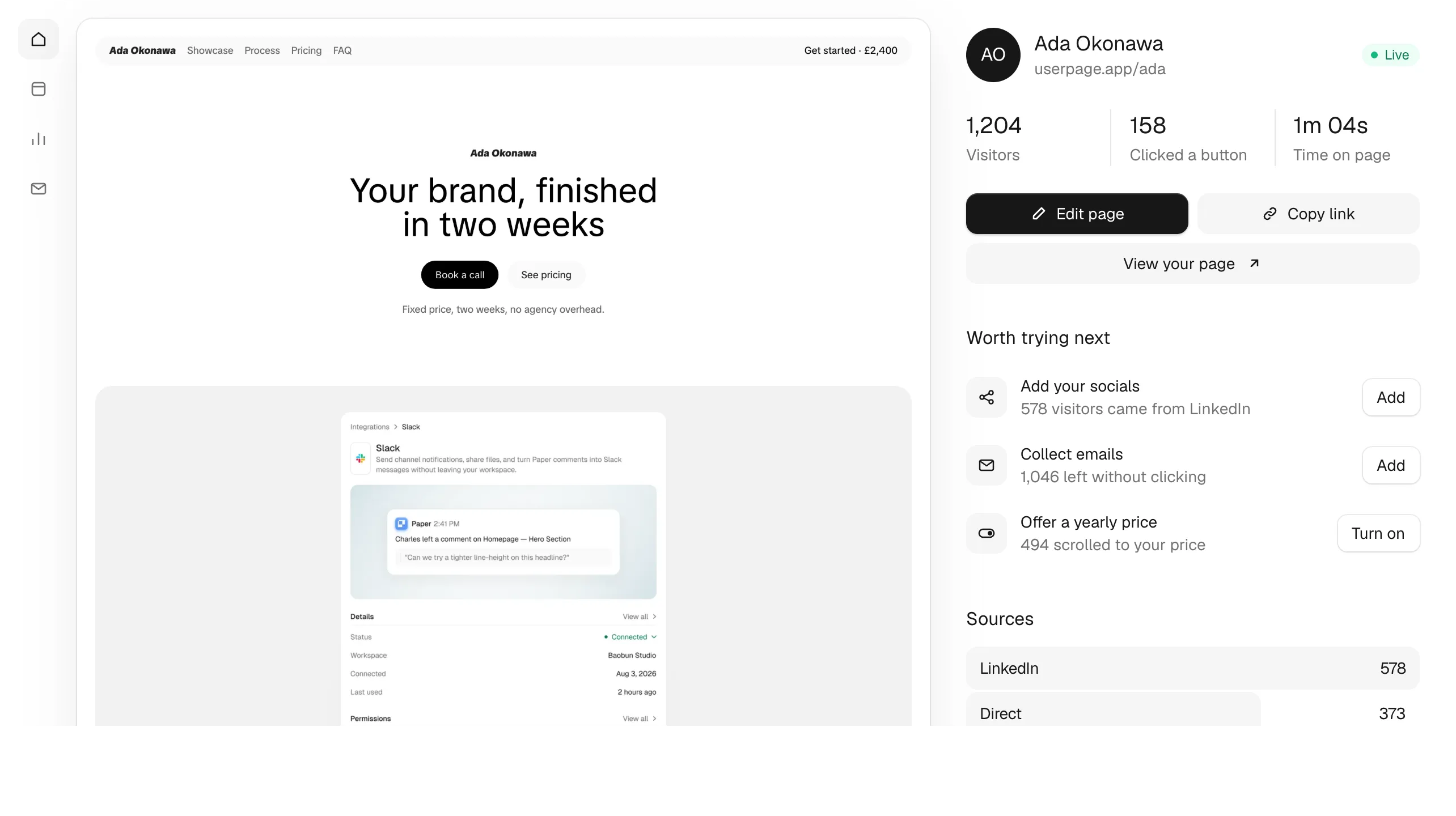 The Userpage home screen: your page on the left, visitors, clicks and what to try next on the right.